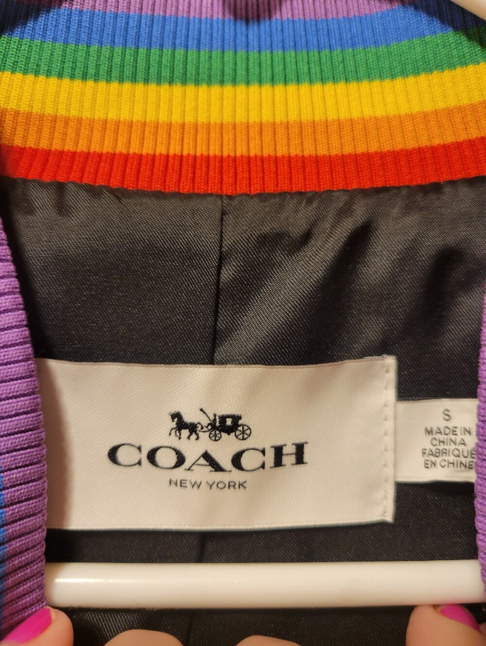 Coach Pink Satin Varsity Jacket with Cream Sleeves and Rainbow Trim - Picture 3 of 10
